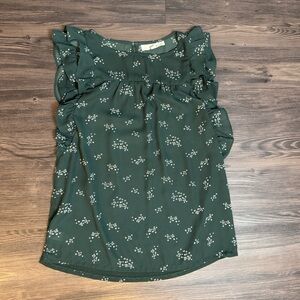 Loft Floral Dark Green Ruffle Sleeve Top- Size Medium